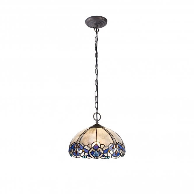 OMARI Tiffany 2 Light Downlight Ceiling Pendant 30cm Blue, Clear Crystal, Antique Brass