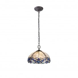 OMARI Tiffany 2 Light Downlight Ceiling Pendant 30cm Blue, Clear Crystal, Antique Brass