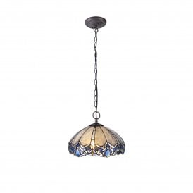 OMARI Tiffany 2 Light Downlight Ceiling Pendant Light 40cm Blue, Clear Crystal, Antique Brass