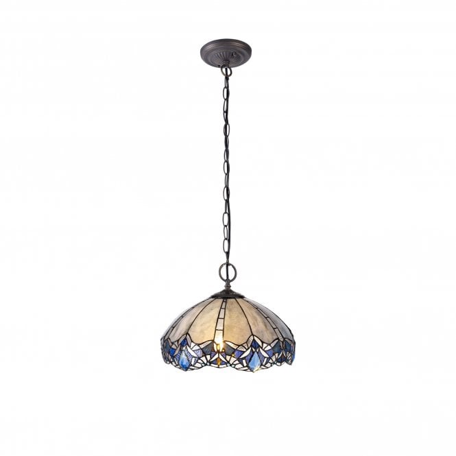 OMARI Tiffany 2 Light Downlight Ceiling Pendant Light 40cm Blue, Clear Crystal, Antique Brass