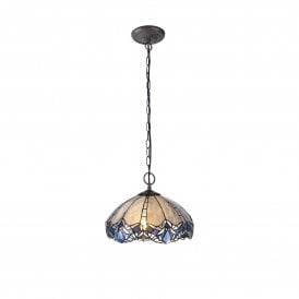 OMARI Tiffany 2 Light Downlight Ceiling Pendant Light 40cm Blue, Clear Crystal, Antique Brass