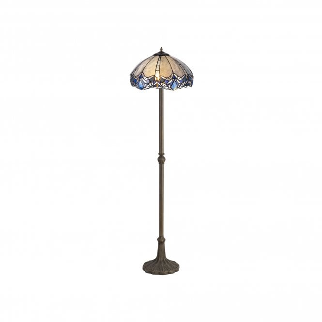 OMARI Tiffany 2 Light Leaf Floor Lamp 40cm Blue, Clear Crystal, Antique Brass