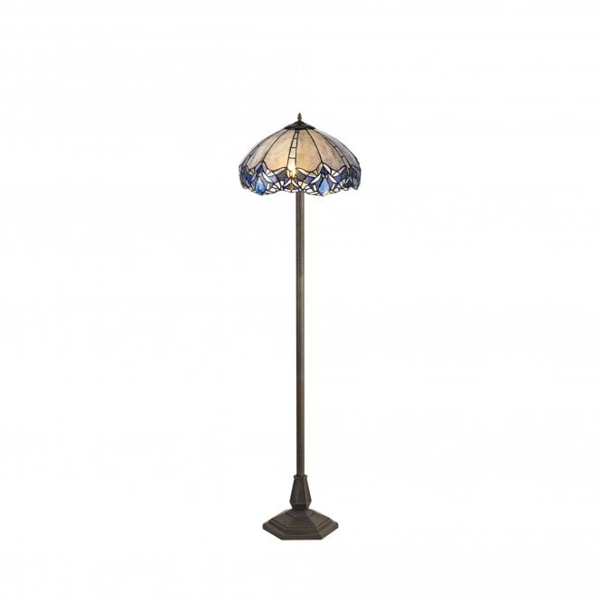OMARI Tiffany 2 Light Octagonal Floor Lamp 40cm Blue, Clear Crystal, Antique Brass