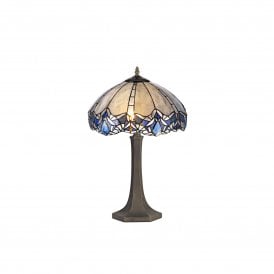 OMARI Tiffany 2 Light Octagonal Table Lamp 41cm Blue, Clear Crystal, Antique Brass