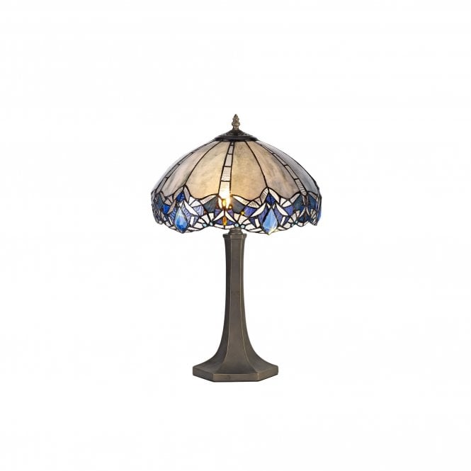 OMARI Tiffany 2 Light Octagonal Table Lamp 41cm Blue, Clear Crystal, Antique Brass