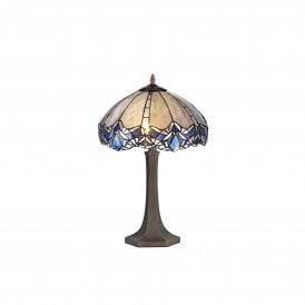 OMARI Tiffany 2 Light Octagonal Table Lamp 41cm Blue, Clear Crystal, Antique Brass