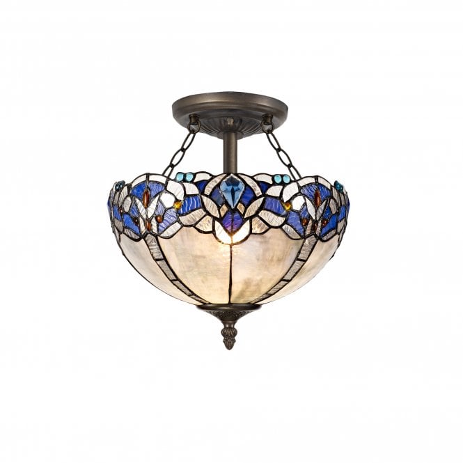 OMARI Tiffany 2 Light Semi-Flush Ceiling 30cm Blue, Clear Crystal, Antique Brass