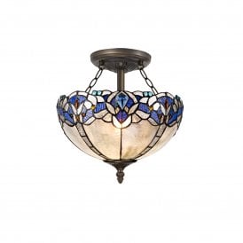 OMARI Tiffany 2 Light Semi-Flush Ceiling 30cm Blue, Clear Crystal, Antique Brass