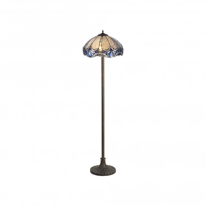OMARI Tiffany 2 Light Stepped Floor Lamp 40cm Blue, Clear Crystal, Antique Brass