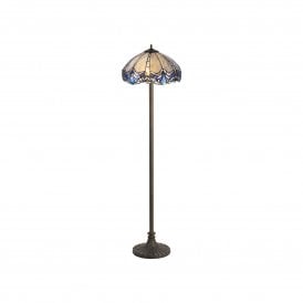 OMARI Tiffany 2 Light Stepped Floor Lamp 40cm Blue, Clear Crystal, Antique Brass