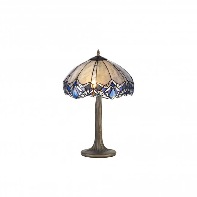 OMARI Tiffany 2 Light Tree Like Table Lamp 40cm Blue, Clear Crystal, Antique Brass