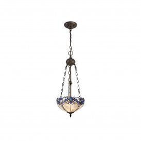 OMARI Tiffany 2 Light Uplighter Ceiling Pendant Light 30cm Blue, Clear Crystal, Antique Brass