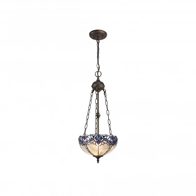 OMARI Tiffany 2 Light Uplighter Ceiling Pendant Light 30cm Blue, Clear Crystal, Antique Brass