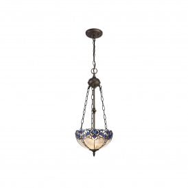 OMARI Tiffany 2 Light Uplighter Ceiling Pendant Light 30cm Blue, Clear Crystal, Antique Brass