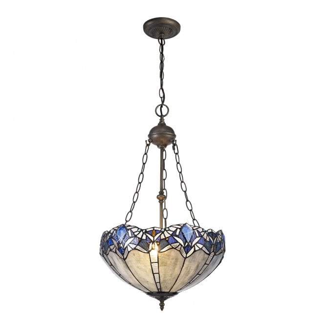 OMARI Tiffany 2 Light Uplighter Ceiling Pendant Light 40cm Blue, Clear Crystal, Antique Brass