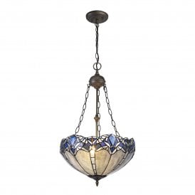 OMARI Tiffany 2 Light Uplighter Ceiling Pendant Light 40cm Blue, Clear Crystal, Antique Brass