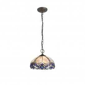 OMARI Tiffany 3 Light Downlight Ceiling Pendant Light 30cm Blue, Clear Crystal, Antique Brass