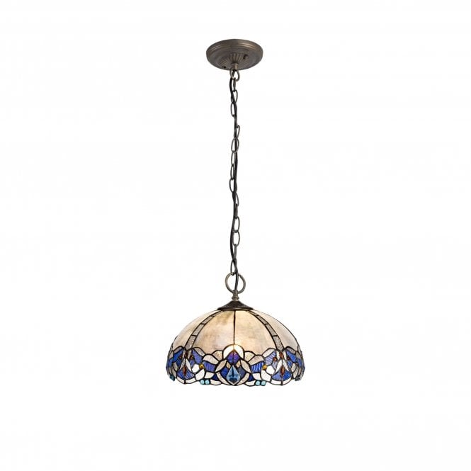 OMARI Tiffany 3 Light Downlight Ceiling Pendant Light 30cm Blue, Clear Crystal, Antique Brass