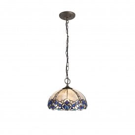 OMARI Tiffany 3 Light Downlight Ceiling Pendant Light 30cm Blue, Clear Crystal, Antique Brass