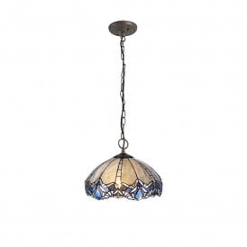 OMARI Tiffany 3 Light Downlight Ceiling Pendant Light 40cm Blue, Clear Crystal, Antique Brass