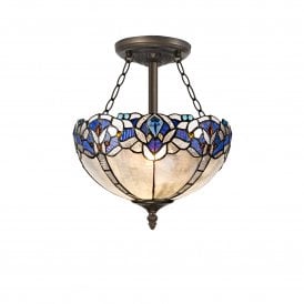 OMARI Tiffany 3 Light Semi-Flush Ceiling 30cm Blue, Clear Crystal, Antique Brass