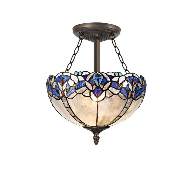 OMARI Tiffany 3 Light Semi-Flush Ceiling 30cm Blue, Clear Crystal, Antique Brass