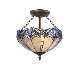 OMARI Tiffany 3 Light Semi-Flush Ceiling 40cm Blue, Clear Crystal, Antique Brass
