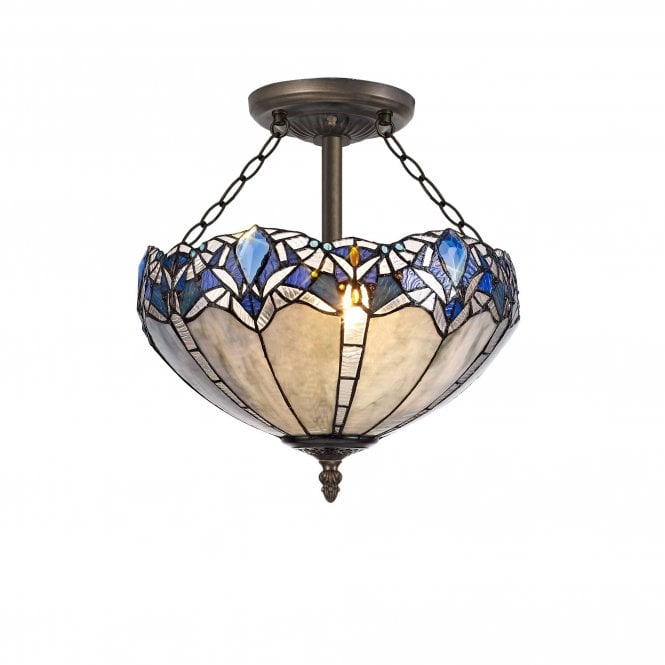 OMARI Tiffany 3 Light Semi-Flush Ceiling 40cm Blue, Clear Crystal, Antique Brass