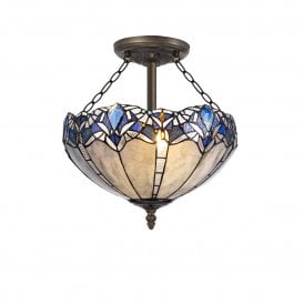 OMARI Tiffany 3 Light Semi-Flush Ceiling 40cm Blue, Clear Crystal, Antique Brass