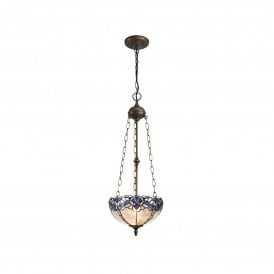 OMARI Tiffany 3 Light Uplighter Ceiling Pendant Light 30cm Blue, Clear Crystal, Antique Brass