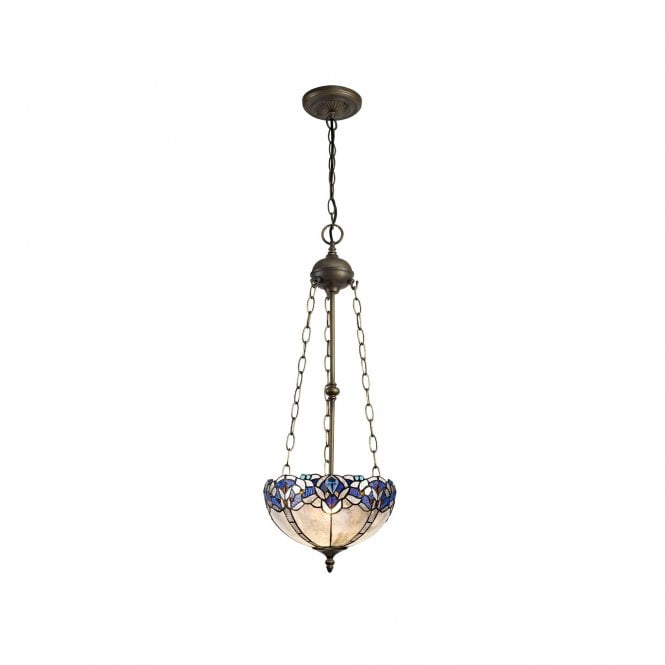 OMARI Tiffany 3 Light Uplighter Ceiling Pendant Light 30cm Blue, Clear Crystal, Antique Brass