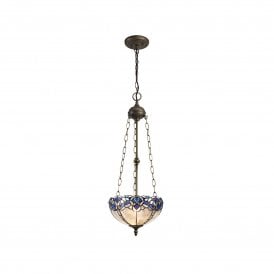 OMARI Tiffany 3 Light Uplighter Ceiling Pendant Light 30cm Blue, Clear Crystal, Antique Brass