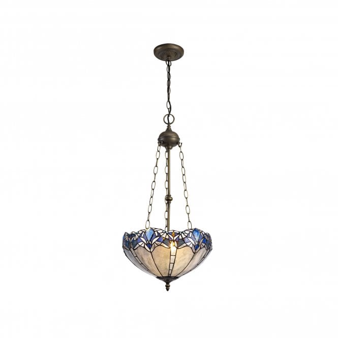 OMARI Tiffany 3 Light Uplighter Ceiling Pendant Light 40cm Blue, Clear Crystal, Antique Brass
