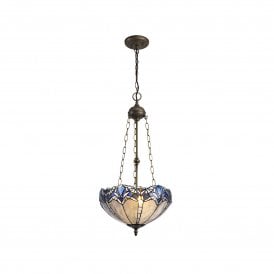 OMARI Tiffany 3 Light Uplighter Ceiling Pendant Light 40cm Blue, Clear Crystal, Antique Brass