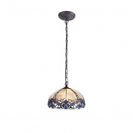 OMARI Tiffany Downlight Ceiling Pendant Light 30cm Blue, Clear Crystal, Antique Brass