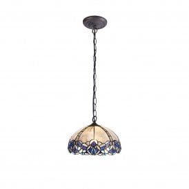 OMARI Tiffany Downlight Ceiling Pendant Light 30cm Blue, Clear Crystal, Antique Brass