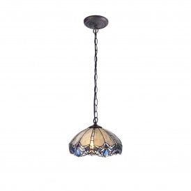 OMARI Tiffany Downlight Ceiling Pendant Light 40cm Blue, Clear Crystal, Antique Brass