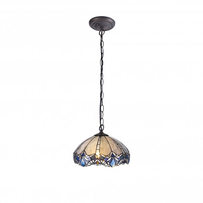 OMARI Tiffany Downlight Ceiling Pendant Light 40cm Blue, Clear Crystal, Antique Brass