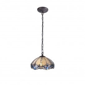 OMARI Tiffany Downlight Ceiling Pendant Light 40cm Blue, Clear Crystal, Antique Brass
