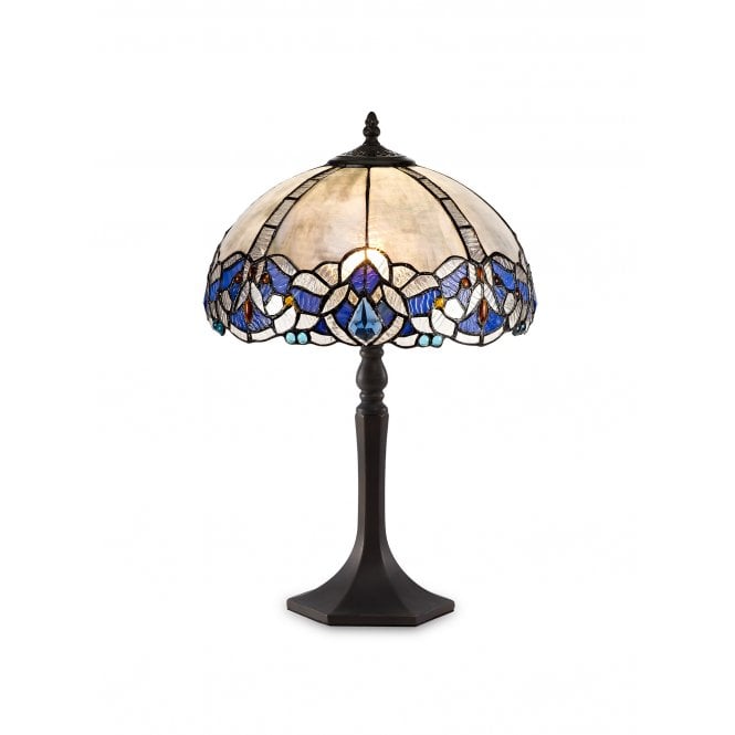 OMARI Tiffany Octagonal Table Lamp 30cm Blue, Clear Crystal, Antique Brass