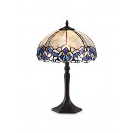 OMARI Tiffany Octagonal Table Lamp 30cm Blue, Clear Crystal, Antique Brass