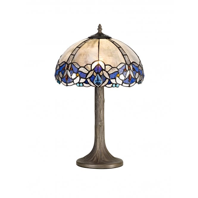 OMARI Tiffany Tree Like Table Lamp 30cm Blue, Clear Crystal, Antique Brass