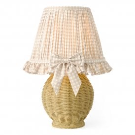 a country inspired bedside table lamp with raffia style base in straw colour and taupe gingham pleated shade