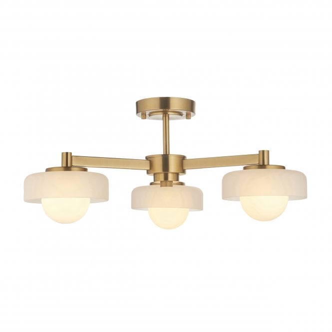 Opaline 3 Light Semi Flush in Ceiling Light Brushed Brass 