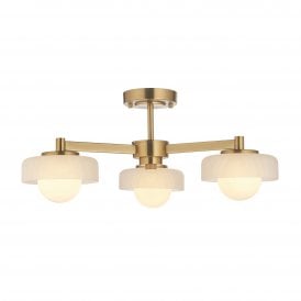 a semi flush ceiling light with three opal glass shades