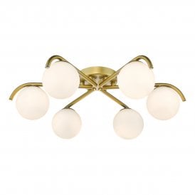 6 light flush ceiling light in satin gold with opal glass