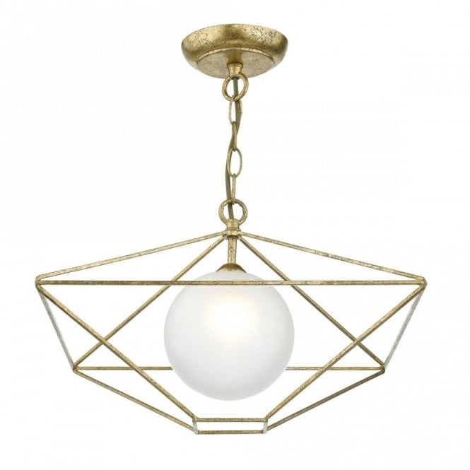 ORSINI opal glass globe ceiling pendant surrounded by geometric old gold frame