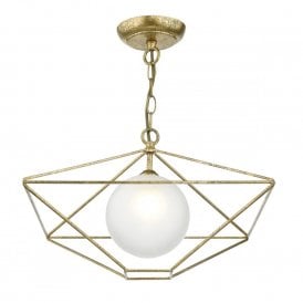 ORSINI opal glass globe ceiling pendant surrounded by geometric old gold frame