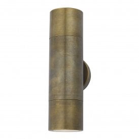 ORTEGA LED 2 bulb outdoor tube wall light in solid natural brass