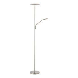 A contemporary mother and child LED floor lamp in a satin nickel finish